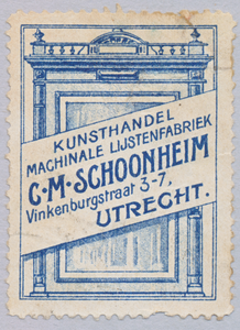 711421 Sluitzegel van C.M. Schoonheim, Kunsthandel, Machinale Lijstenfabriek, Vinkenburgstraat 3-7 te Utrecht.
